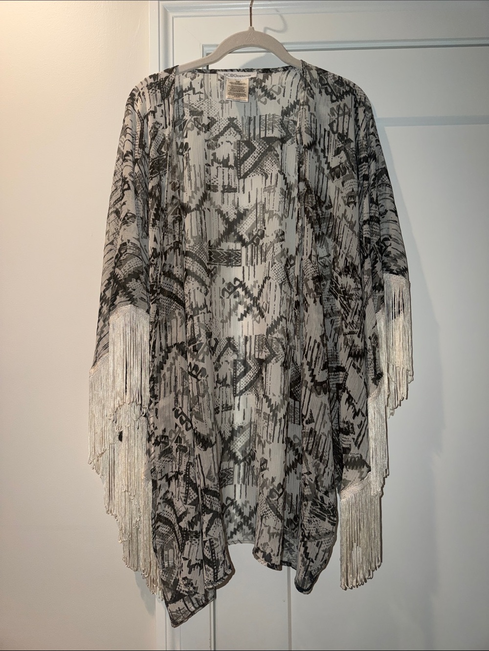 BCBG Boho Fringe Open-Front Kimono Jacket - Black & White